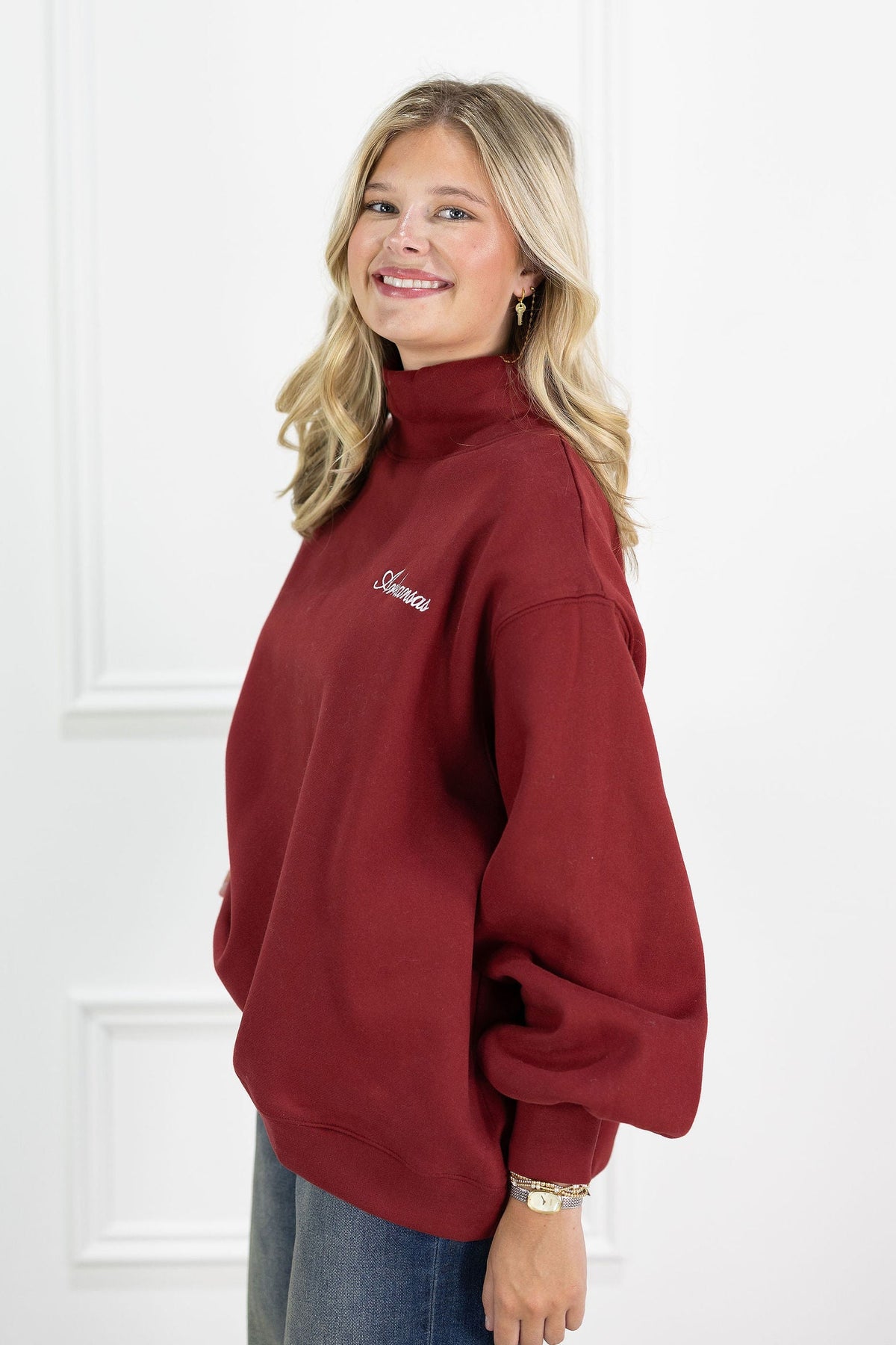 Arkansas Cursive Embroidered Mock Neck