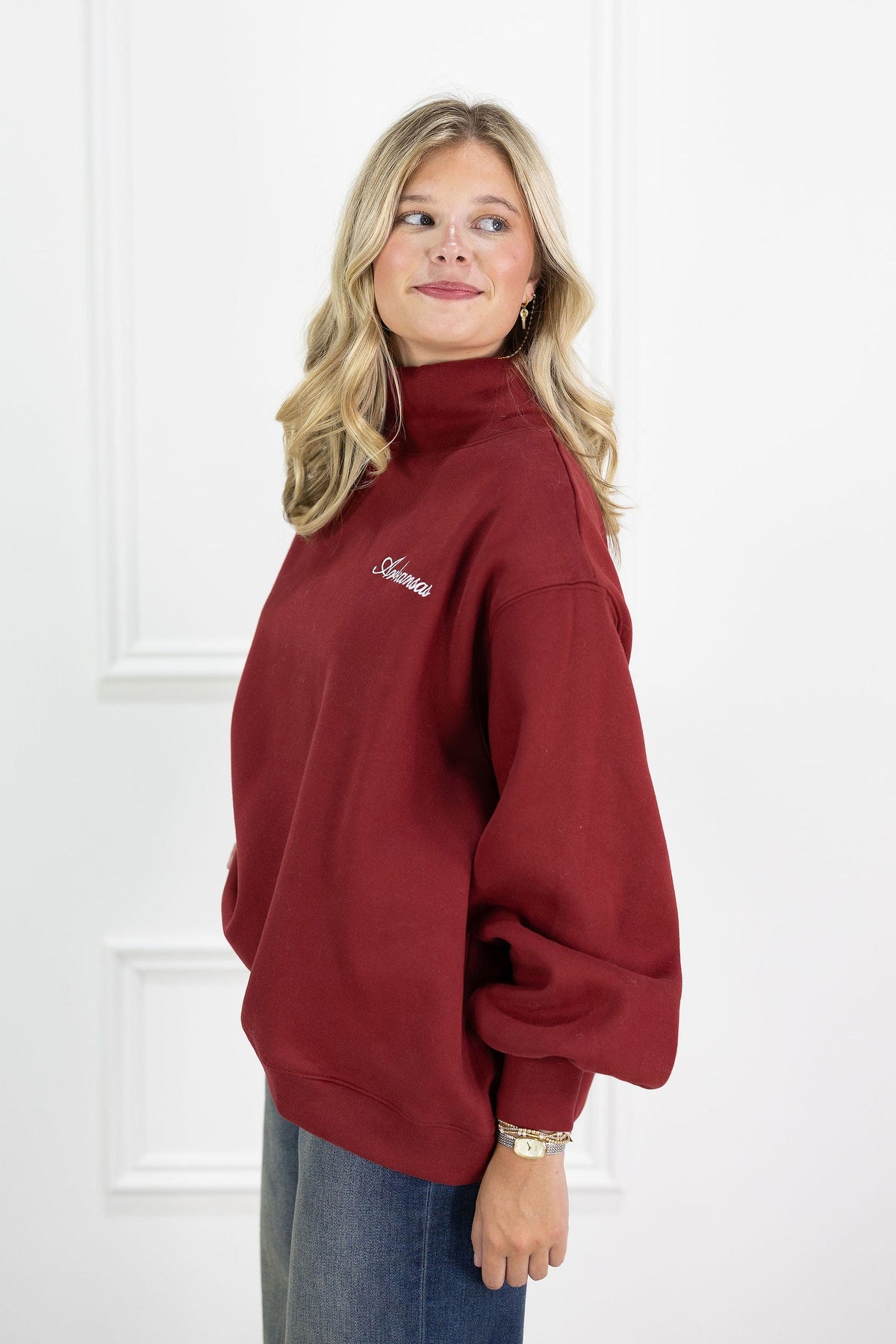 Arkansas Cursive Embroidered Mock Neck