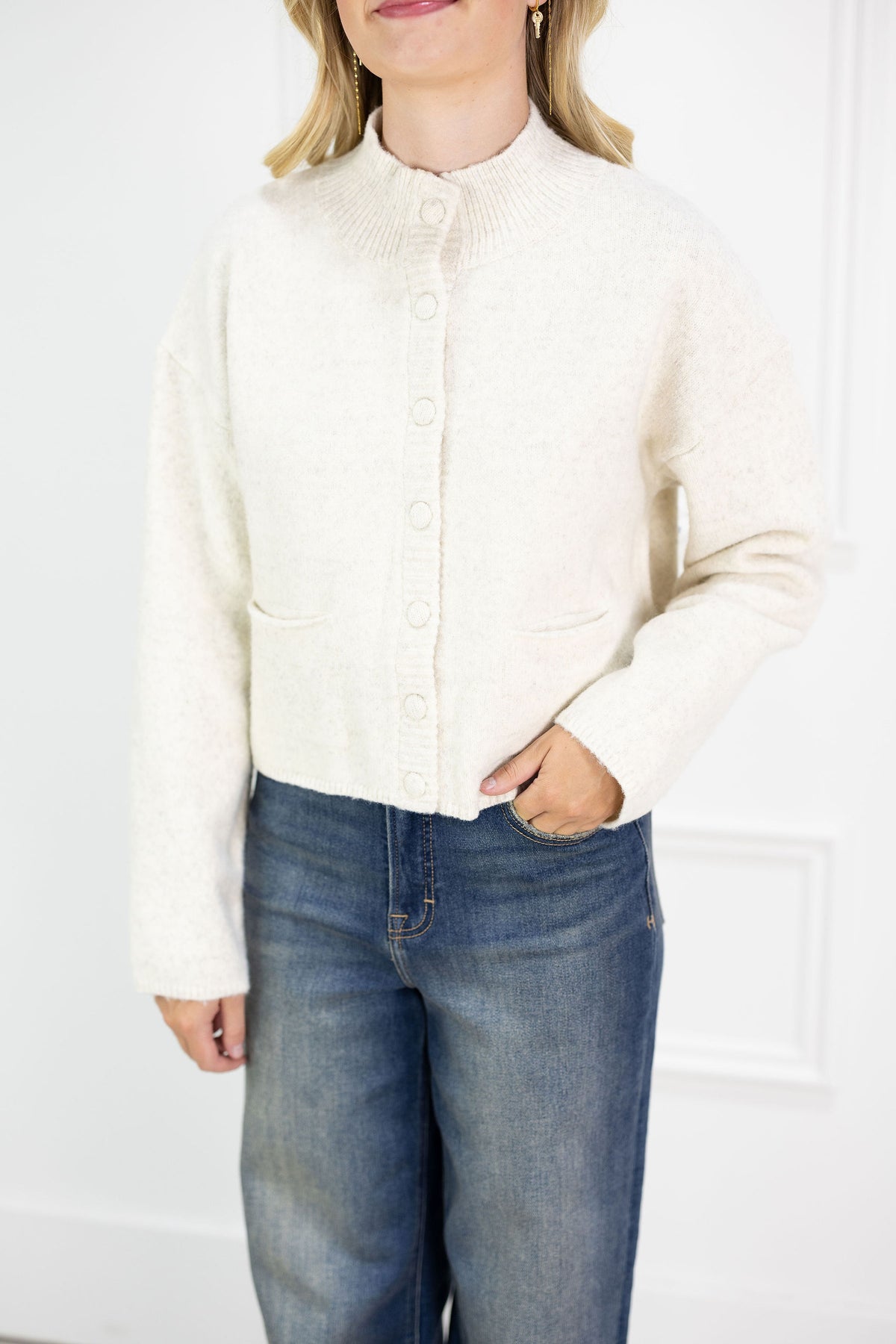 Mock Neck Button Up Cardigan