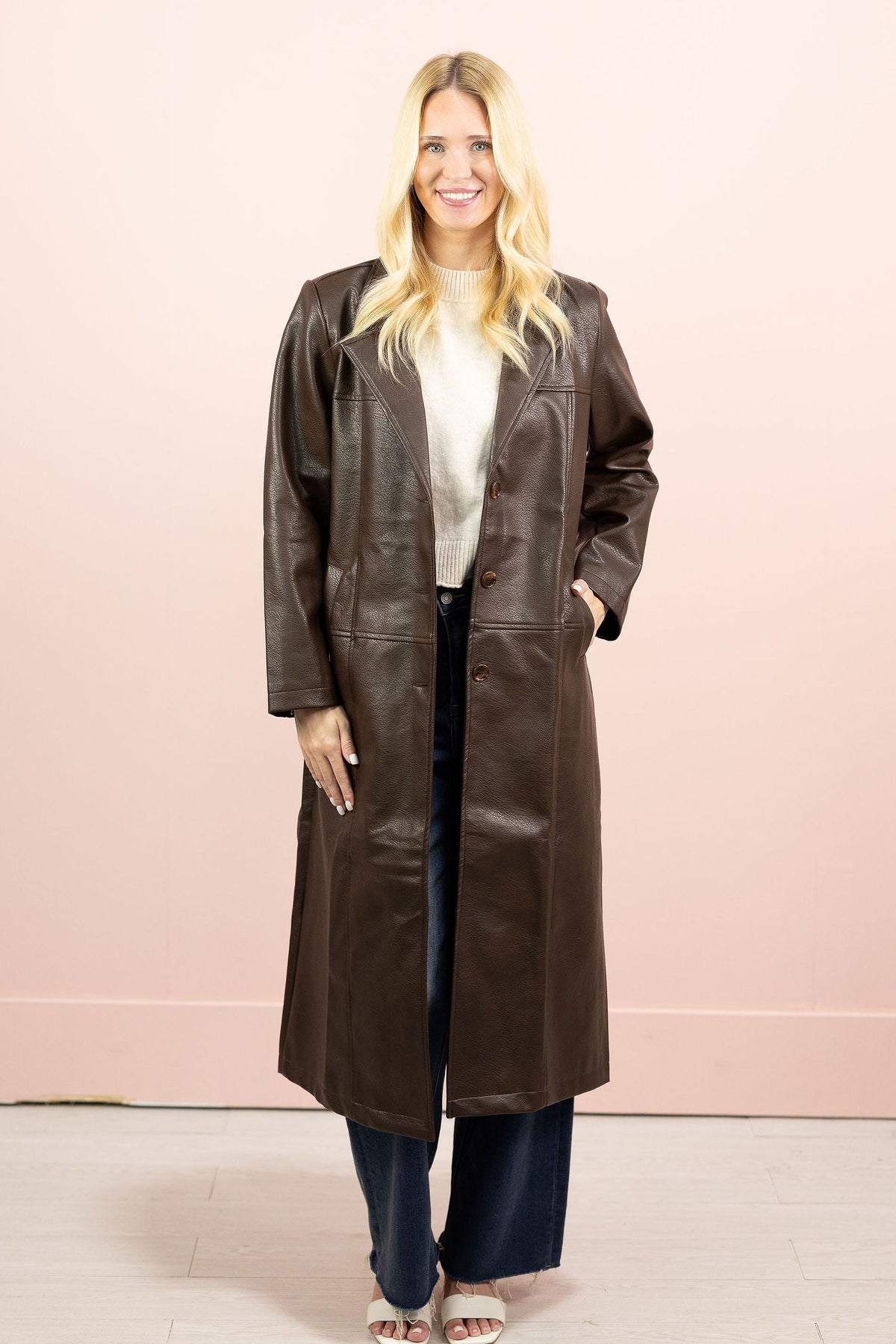 Long Pleather Trench Coat