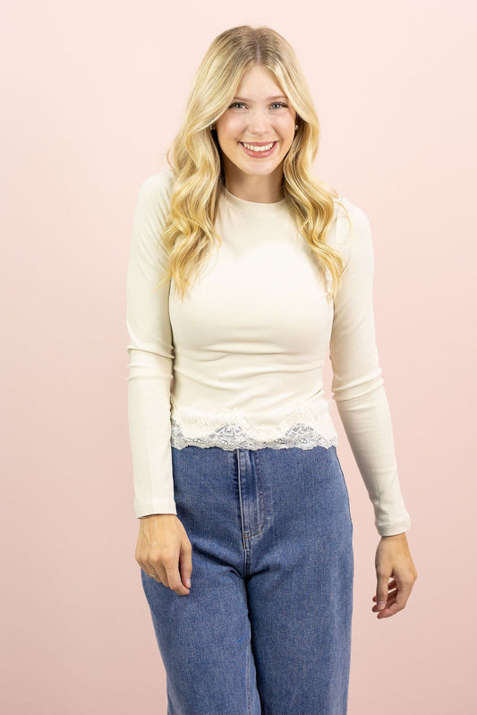 Lace Hem Basic Ribbed Top Ivory