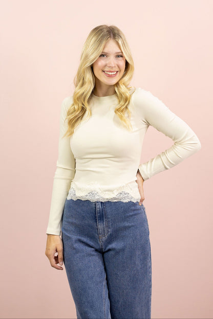 Lace Hem Basic Ribbed Top Ivory