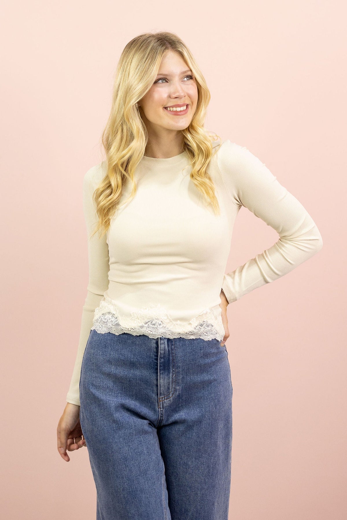 Lace Hem Basic Ribbed Top Ivory