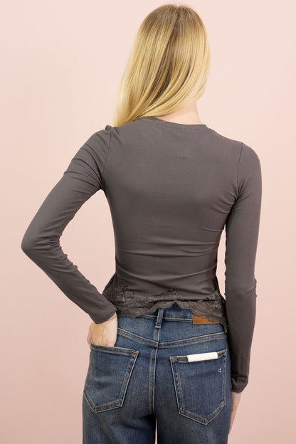 Lace Hem Basic Ribbed Top Grey