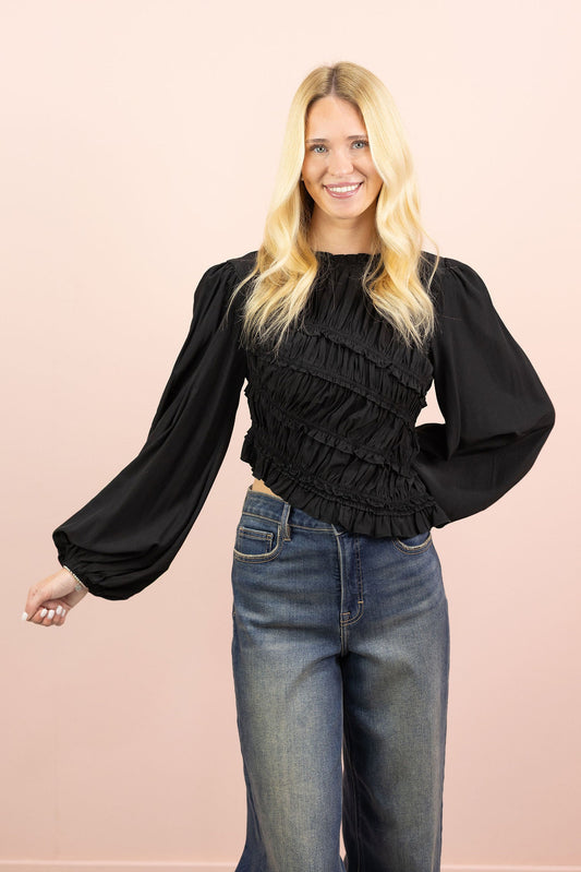 Asymmetrical Ruched Blouse Black