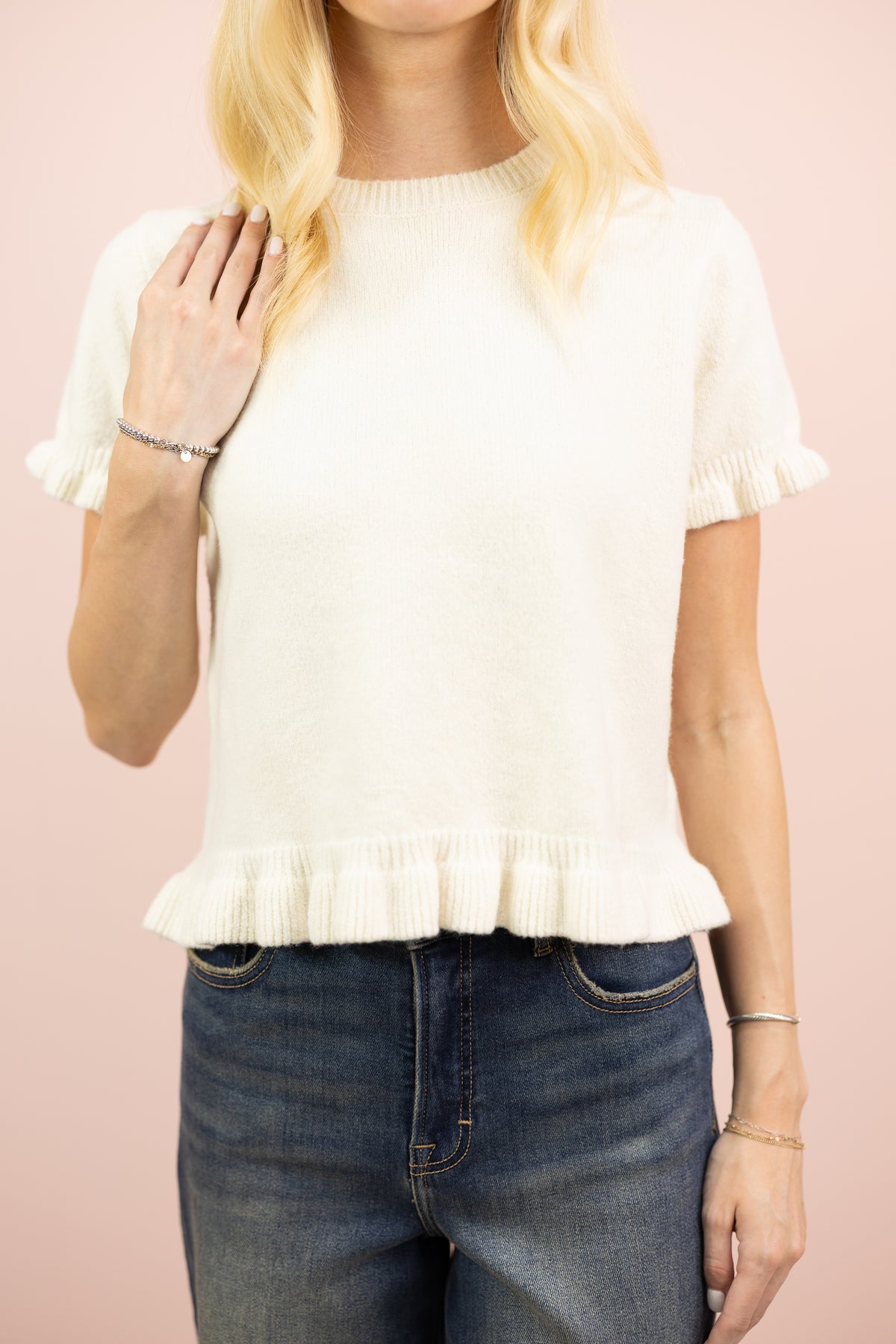 Ruffle Hem Sweater Top Cream