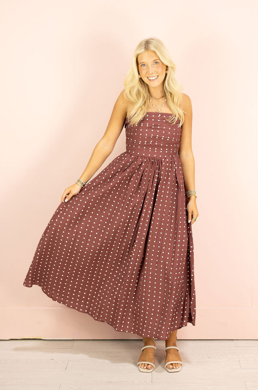 Strapless Polka Dot Dress Wine