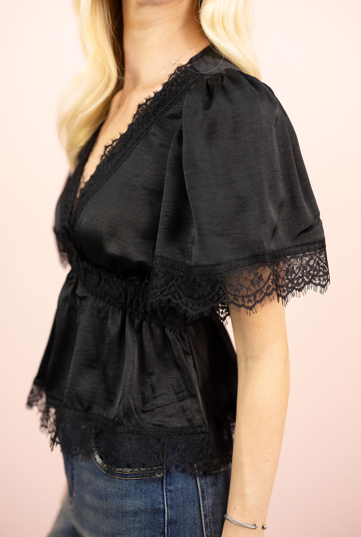 Satin Lace Trim Peplum Top