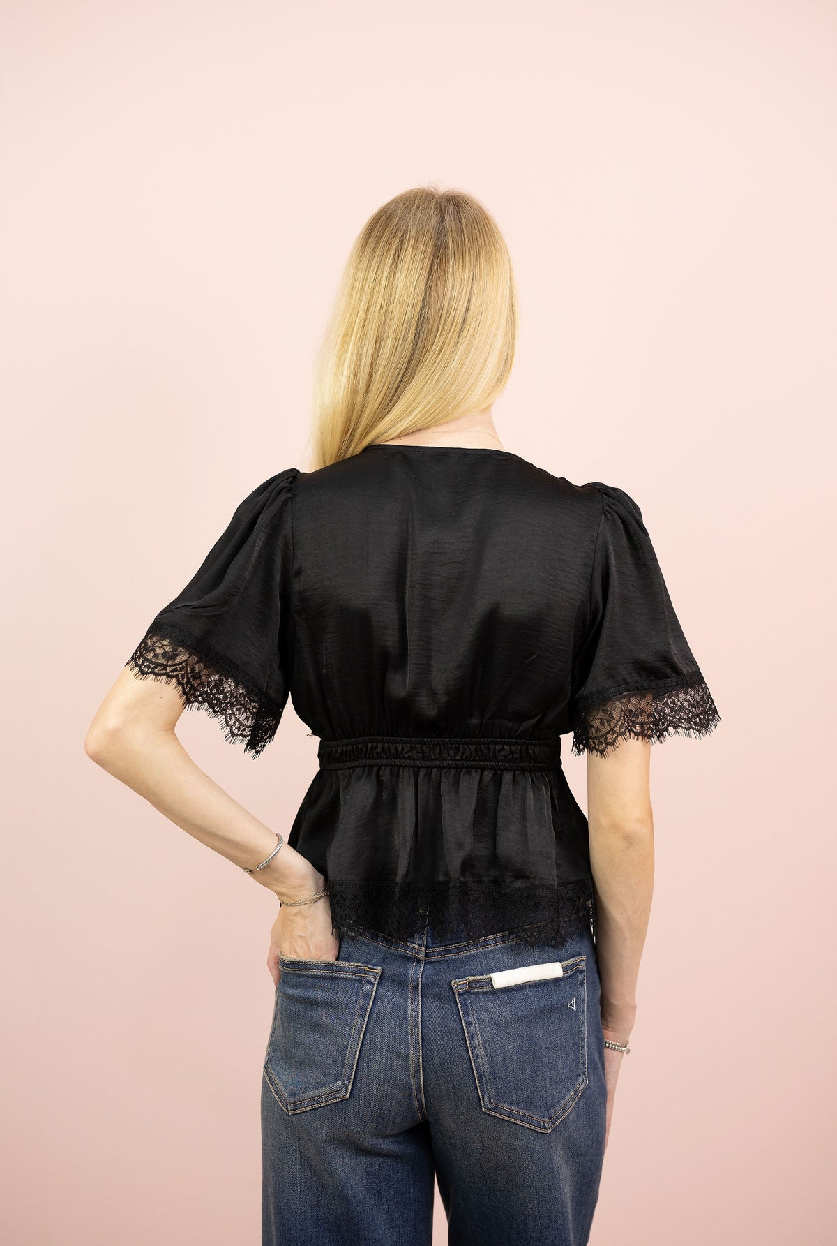 Satin Lace Trim Peplum Top