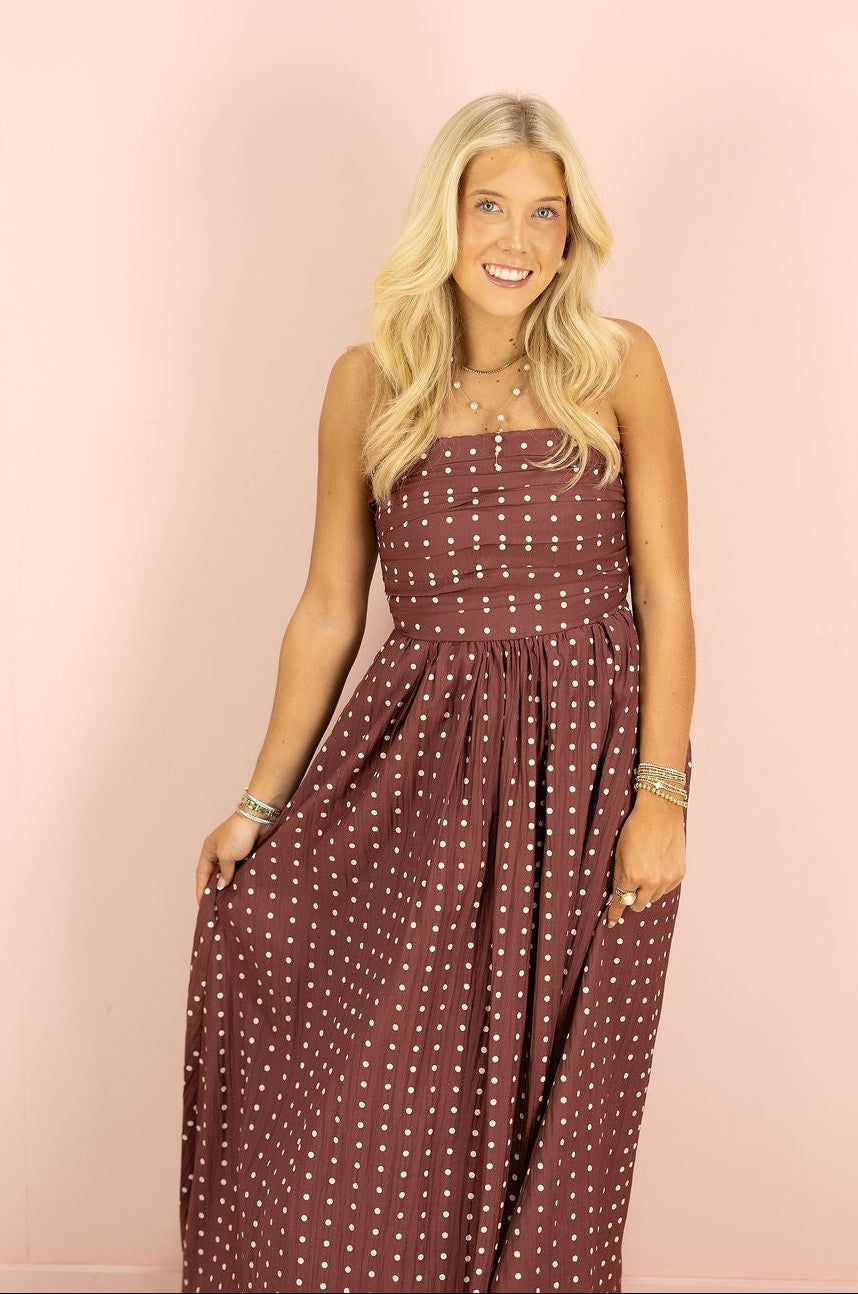 Strapless Polka Dot Dress Wine