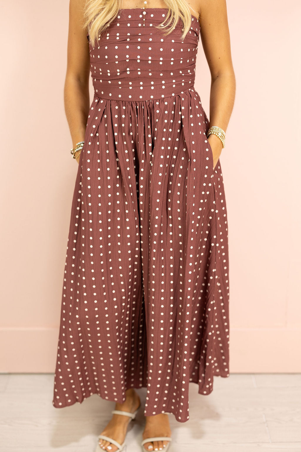 Strapless Polka Dot Dress Wine
