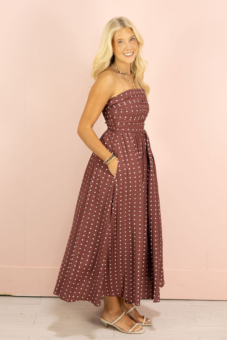 Strapless Polka Dot Dress Wine