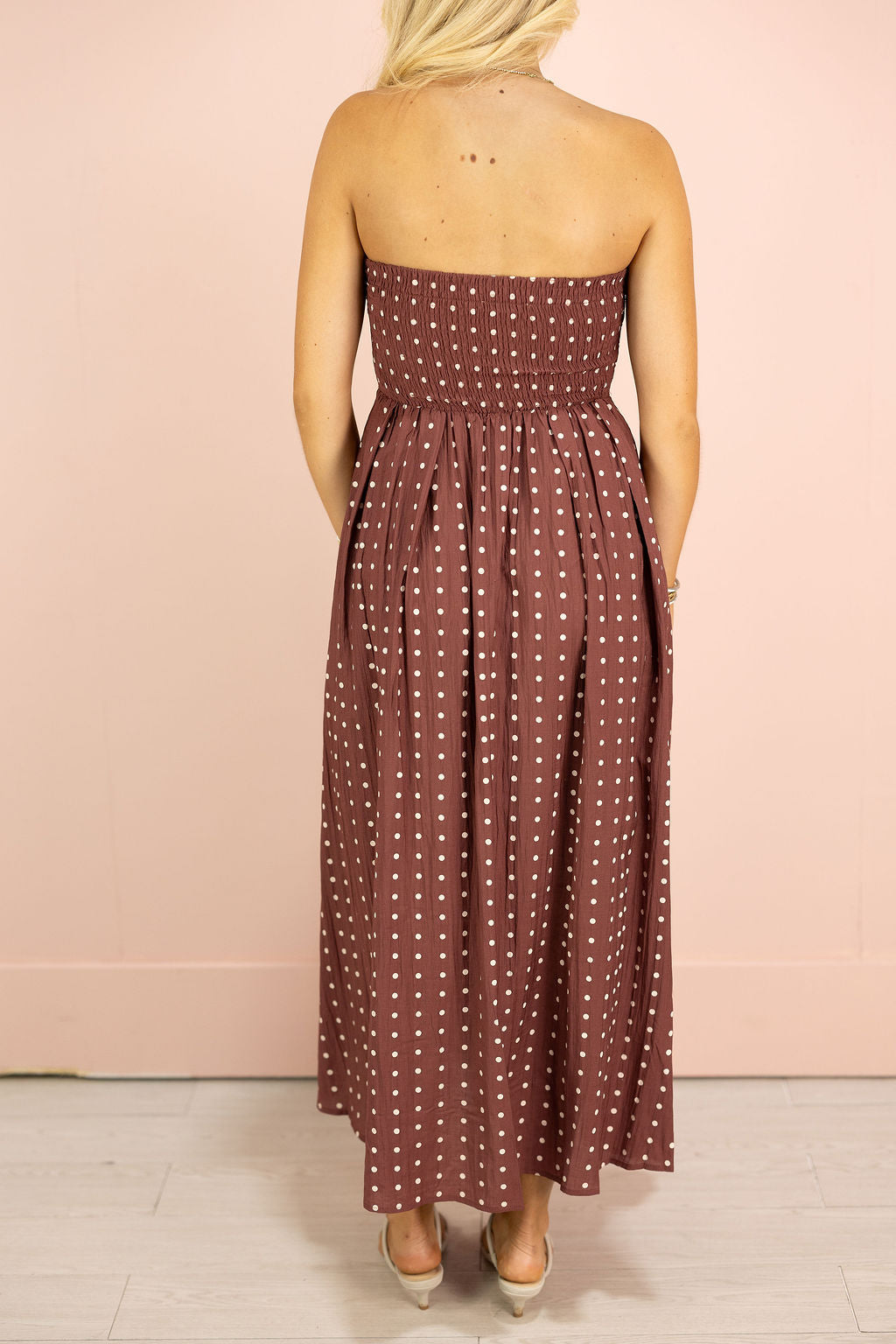 Strapless Polka Dot Dress Wine