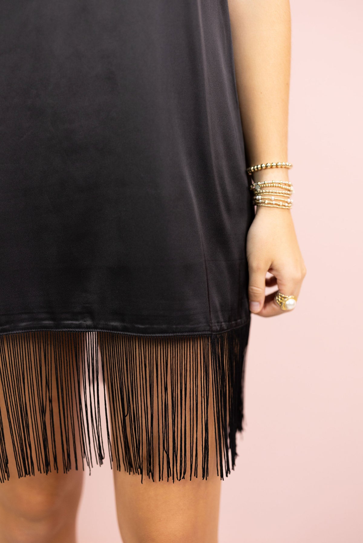 Satin Fringe Mini Dress Black