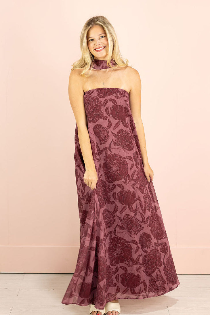 Floral Strapless Maxi w/ Scarf Wine