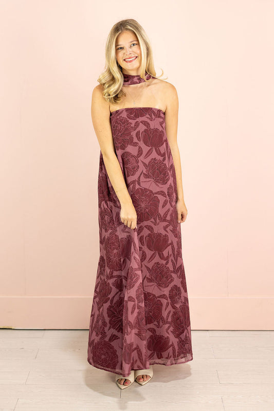 Floral Strapless Maxi w/ Scarf Wine