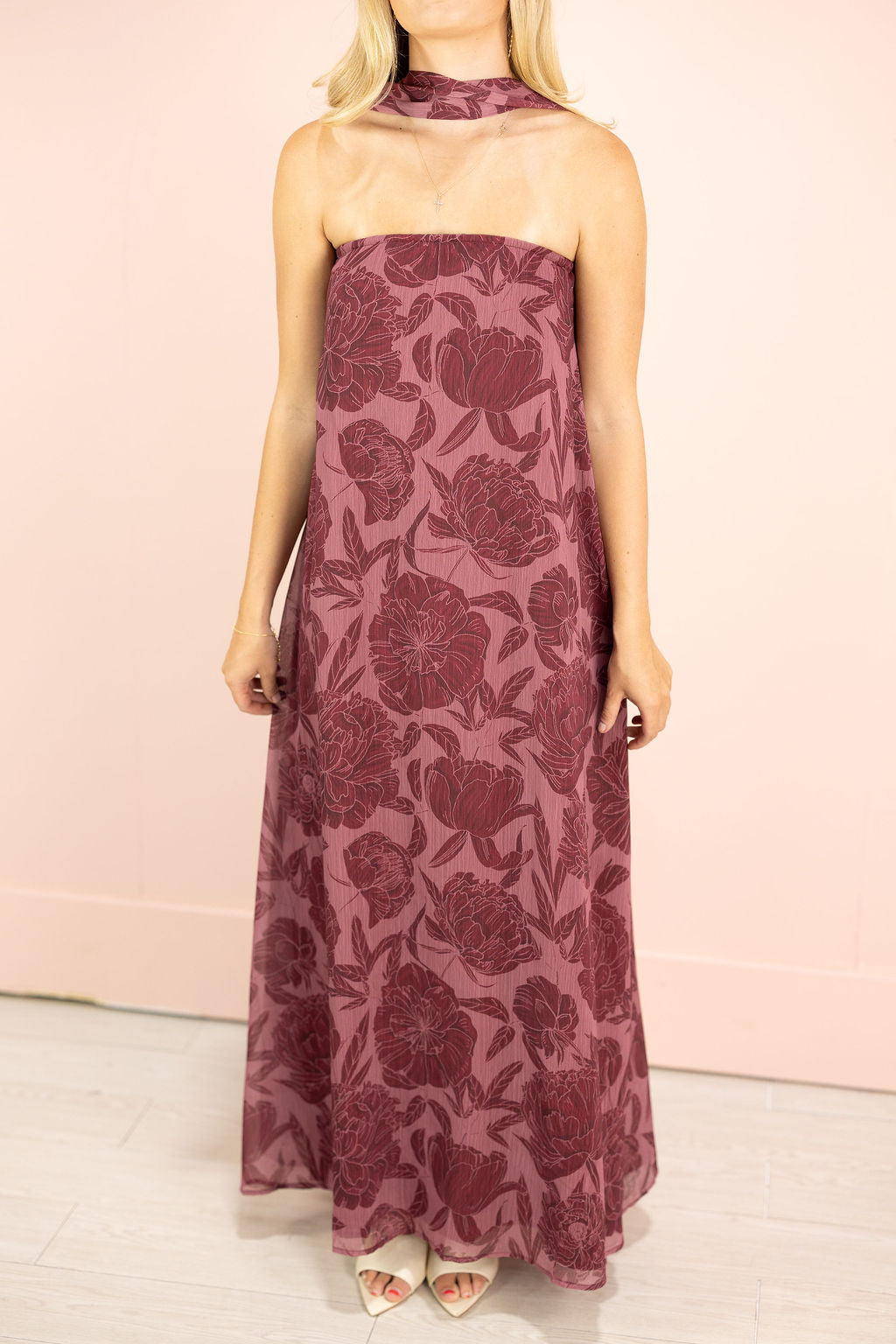 Floral Strapless Maxi w/ Scarf Wine