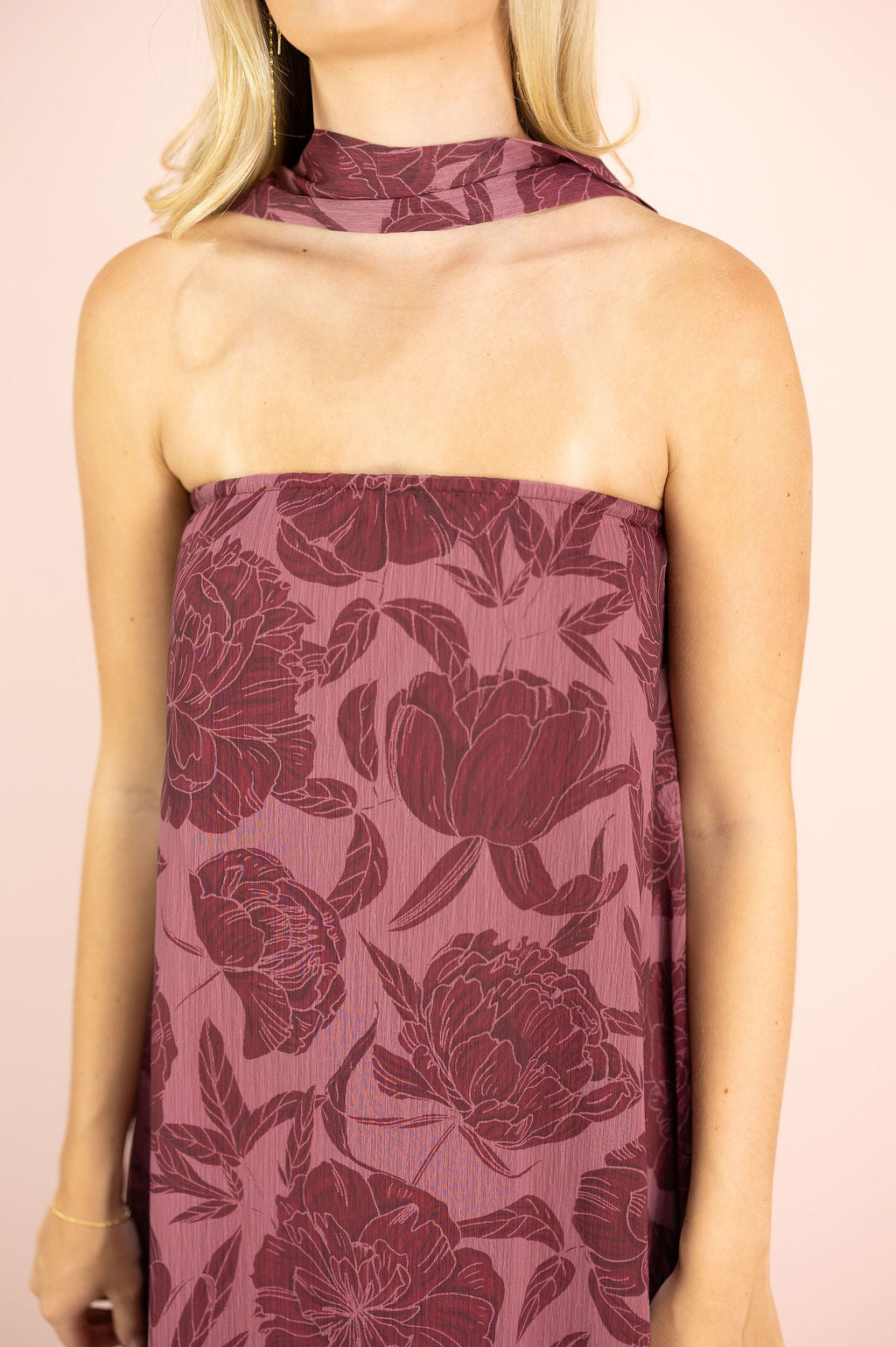 Floral Strapless Maxi w/ Scarf Wine