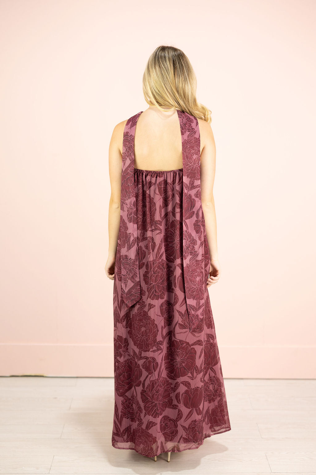 Floral Strapless Maxi w/ Scarf Wine
