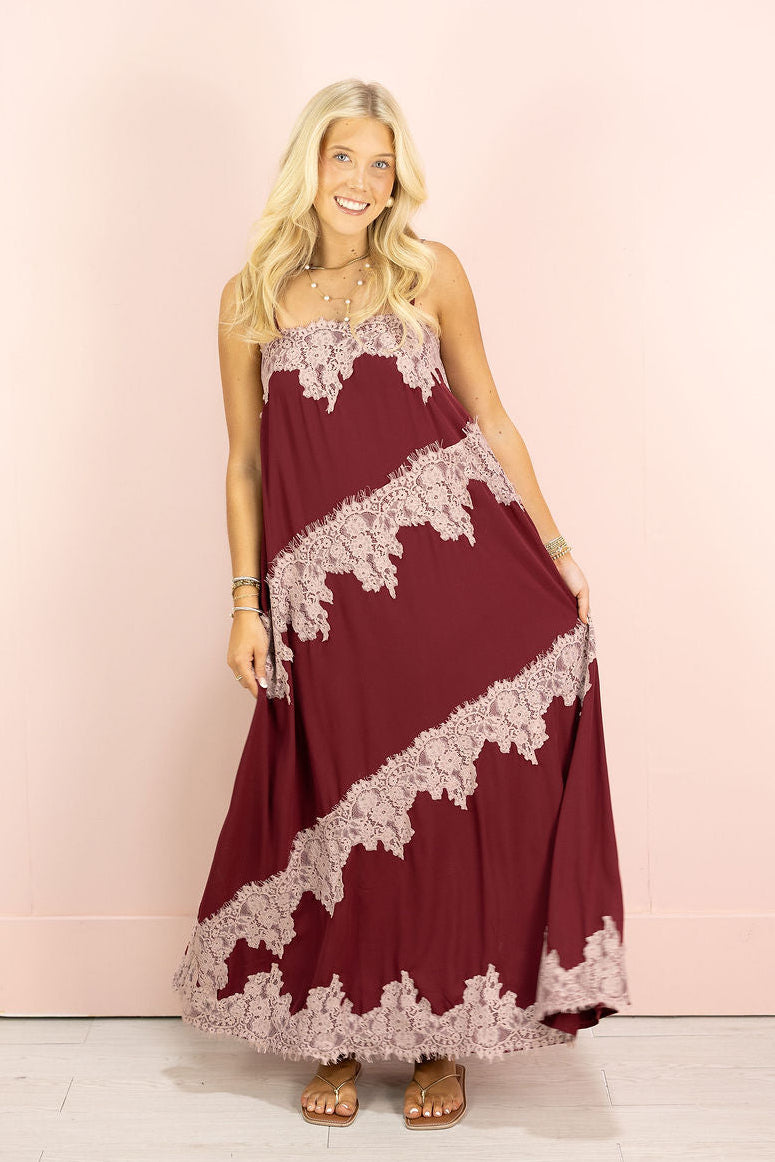 Contrast Lace Maxi Dress Burgundy