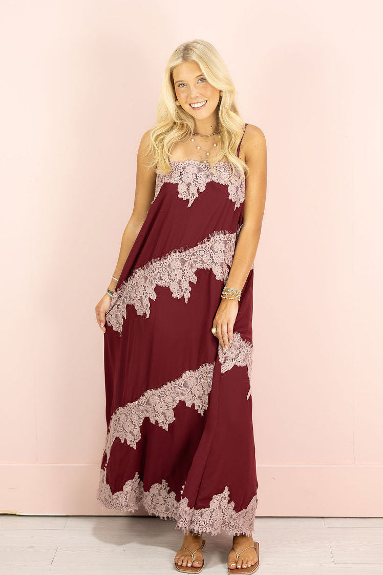 Contrast Lace Maxi Dress Burgundy