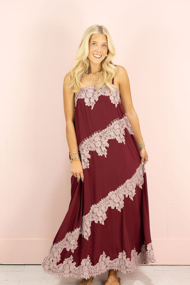 Contrast Lace Maxi Dress Burgundy