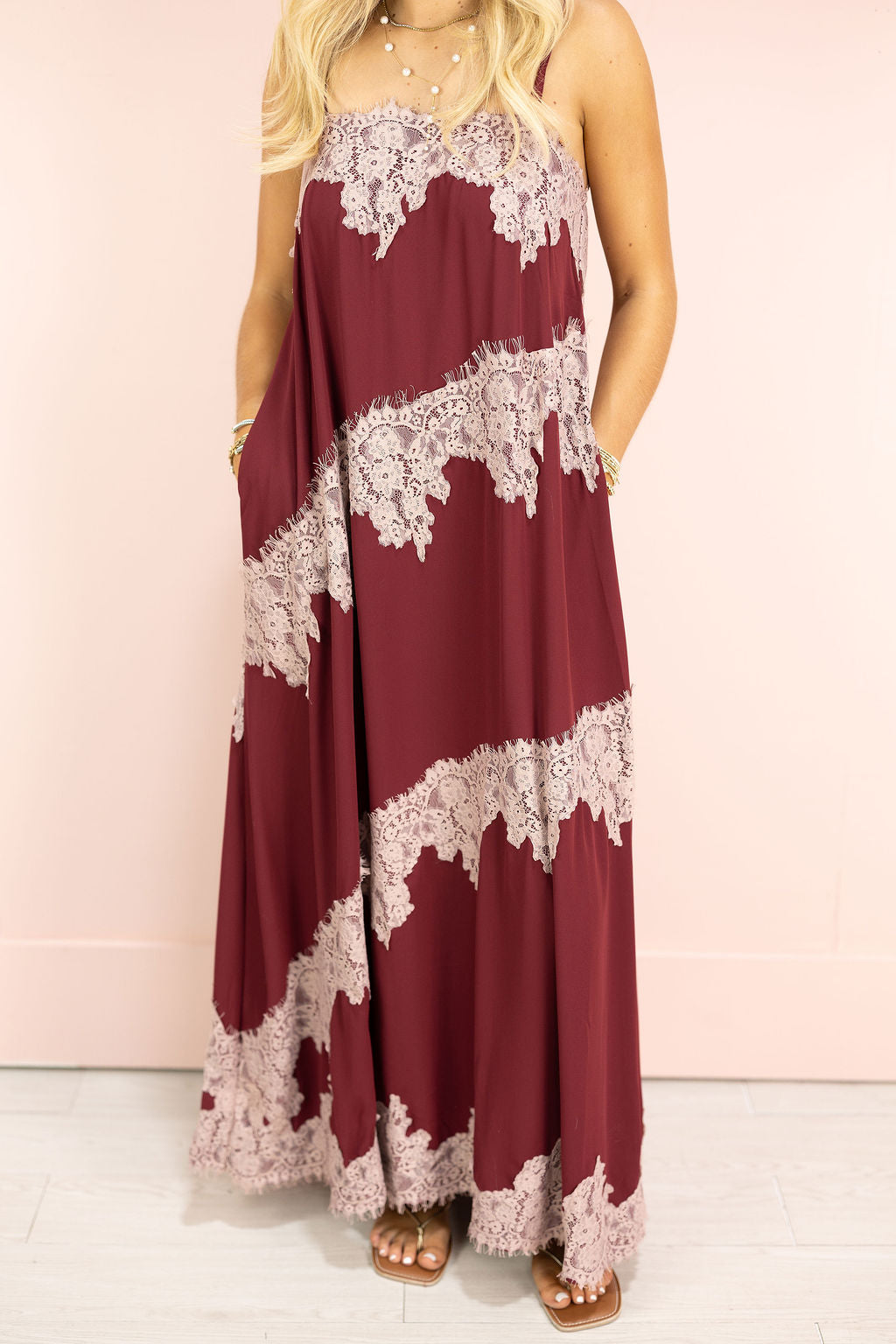 Contrast Lace Maxi Dress Burgundy