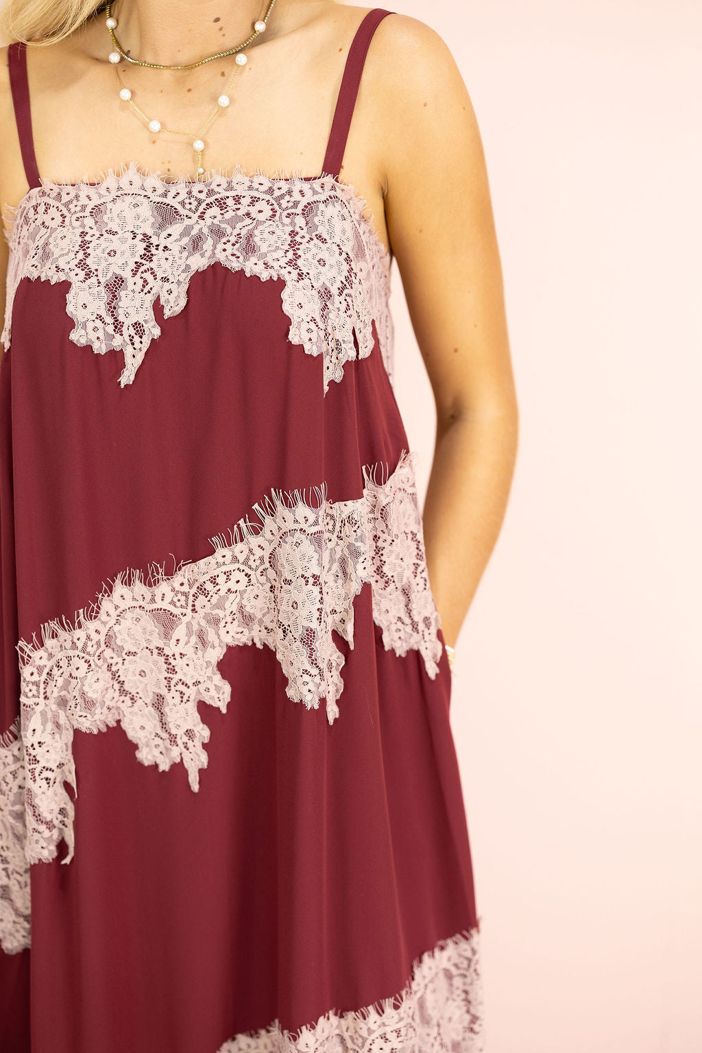 Contrast Lace Maxi Dress Burgundy