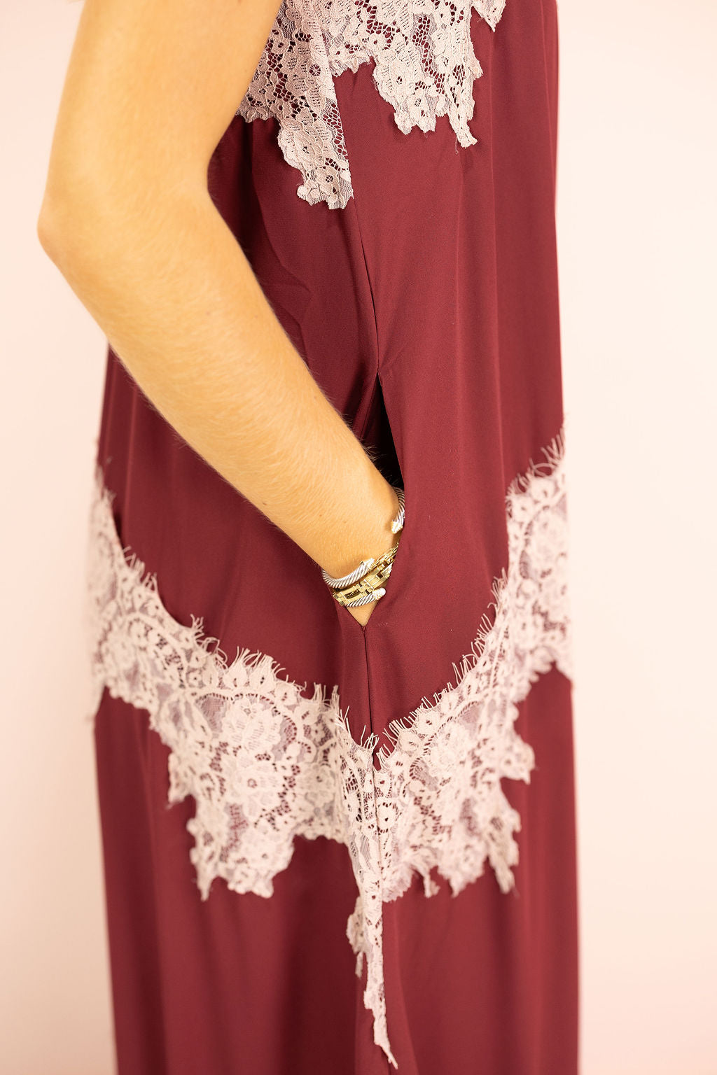 Contrast Lace Maxi Dress Burgundy