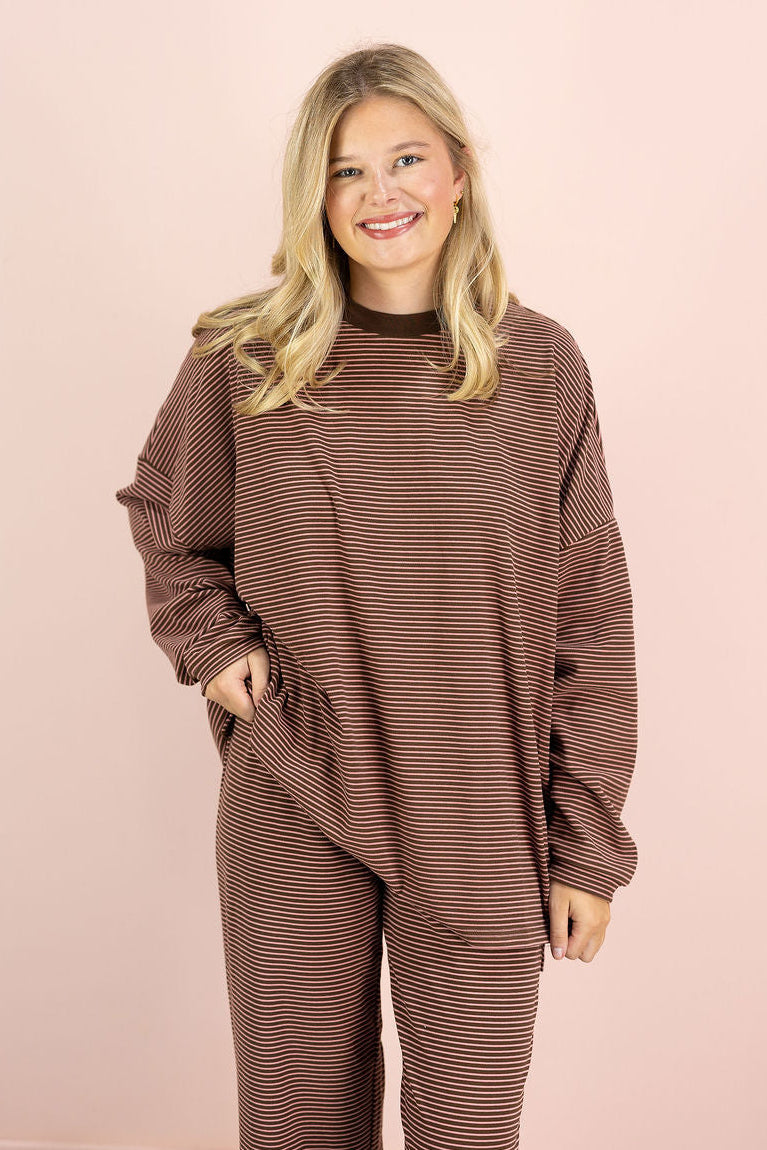 Striped Fleece Oversize Top Brown Pink
