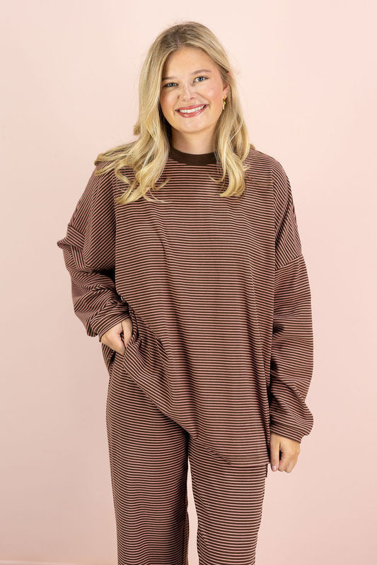 Striped Fleece Oversize Top Brown Pink