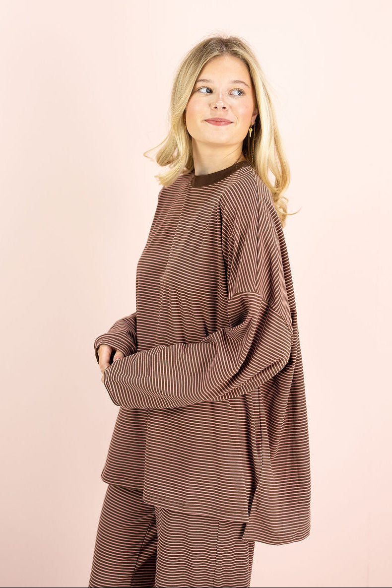 Striped Fleece Oversize Top Brown Pink