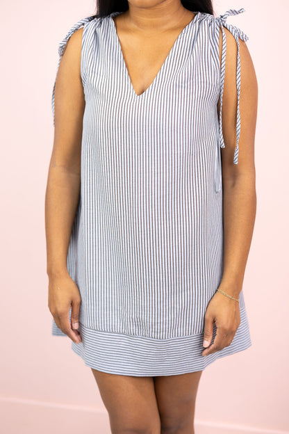 Stripe V-neck Dress w/ Shoulder Tie