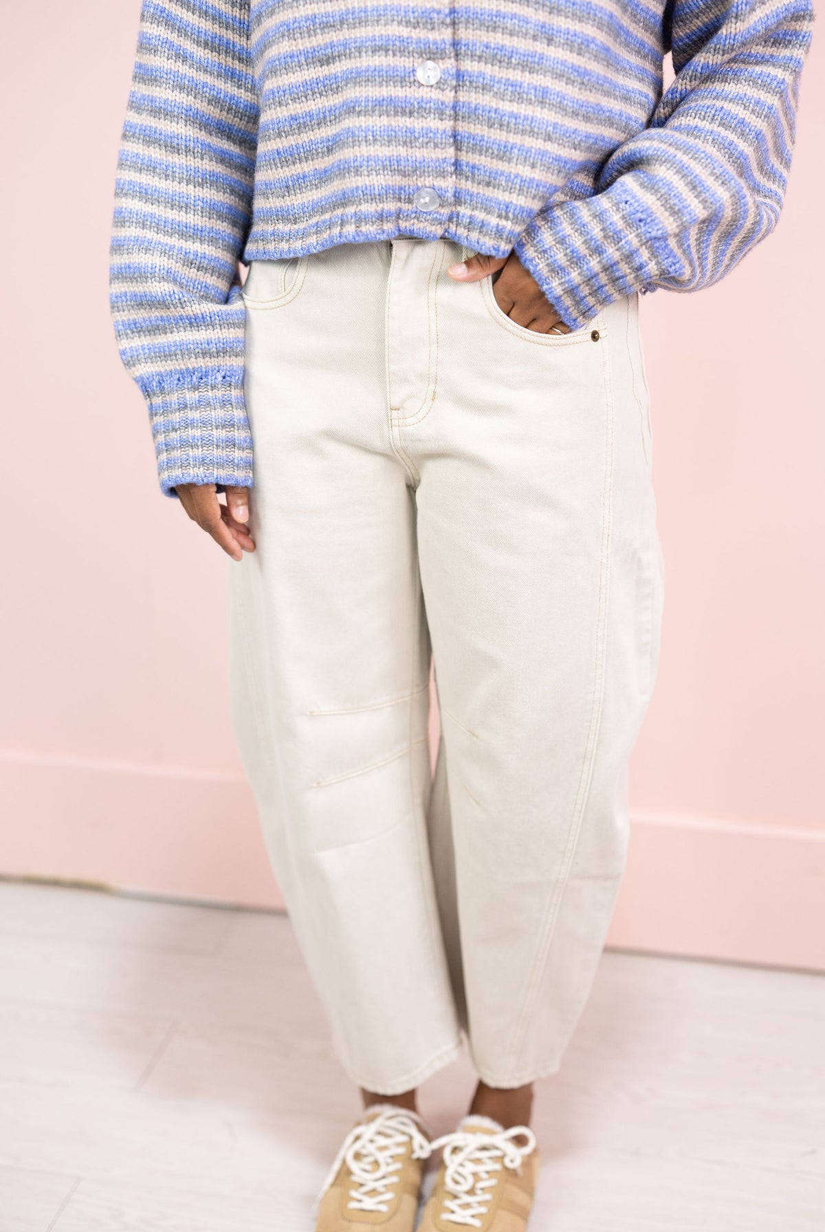 White Cotton Barrel Leg Jeans