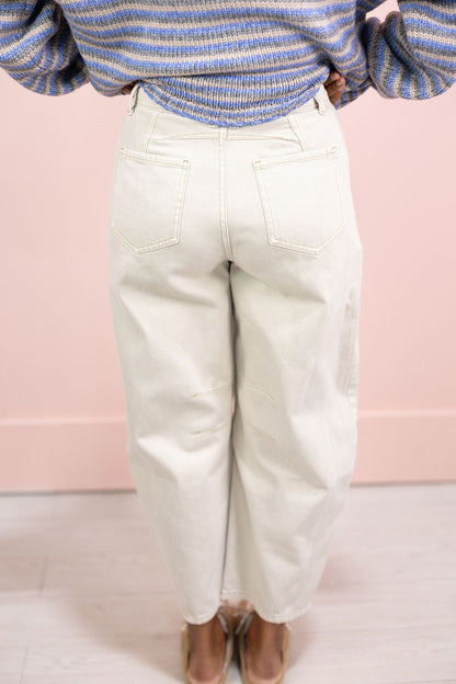 White Cotton Barrel Leg Jeans
