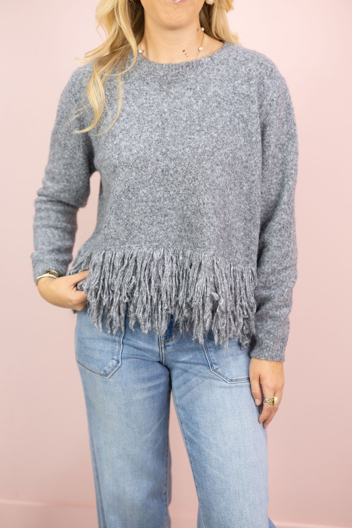 Fringe Sweater Top Charcoal