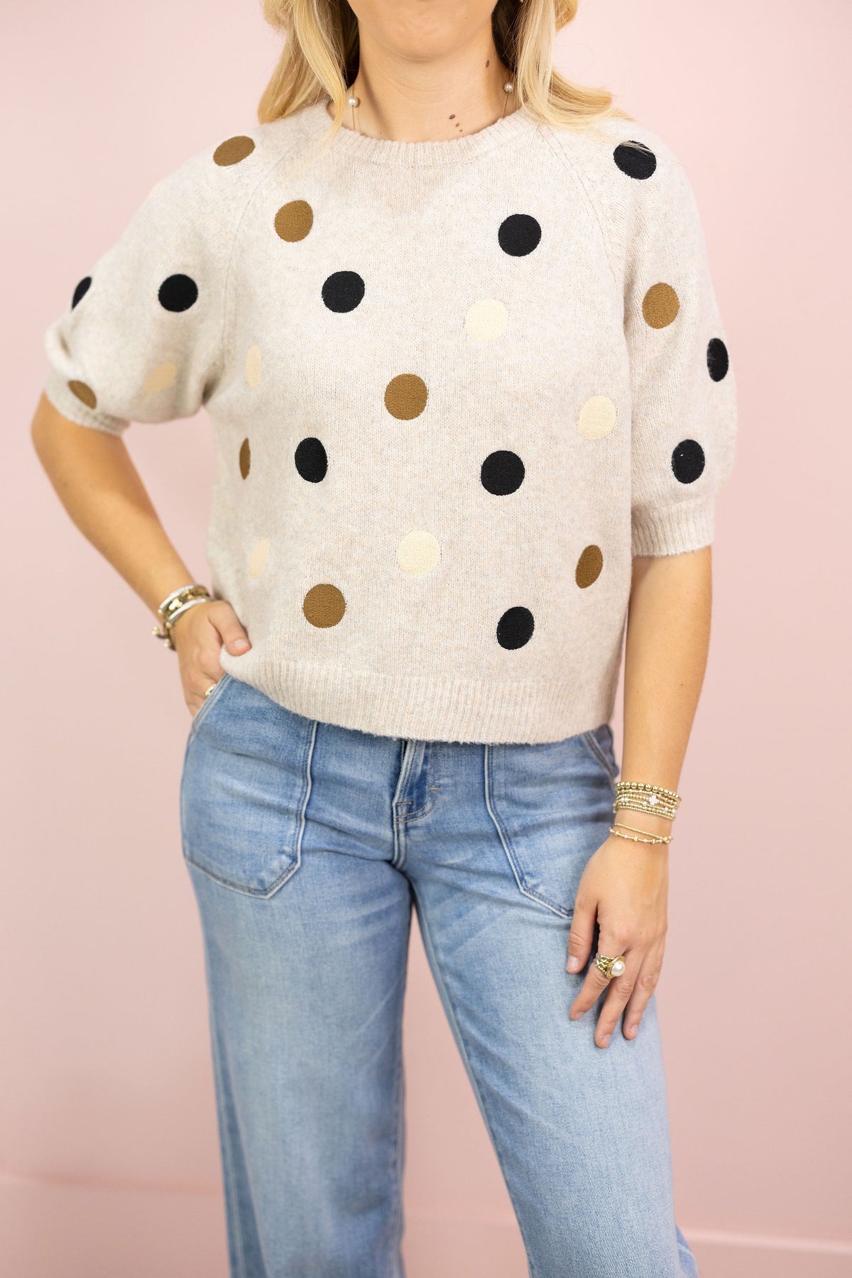 Oatmeal Polka Dot Sweater Top