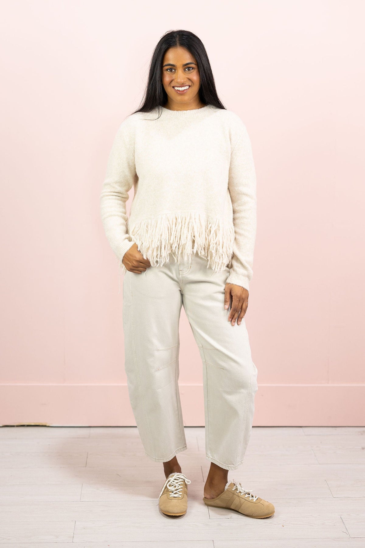 Fringe Sweater Top Taupe