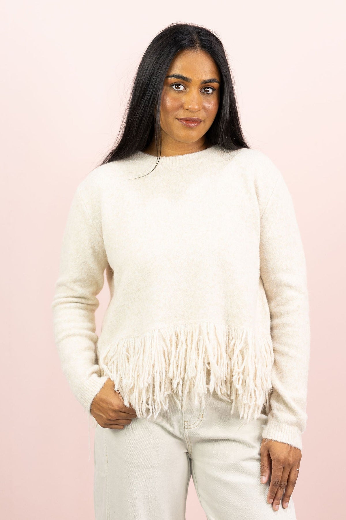 Fringe Sweater Top Taupe