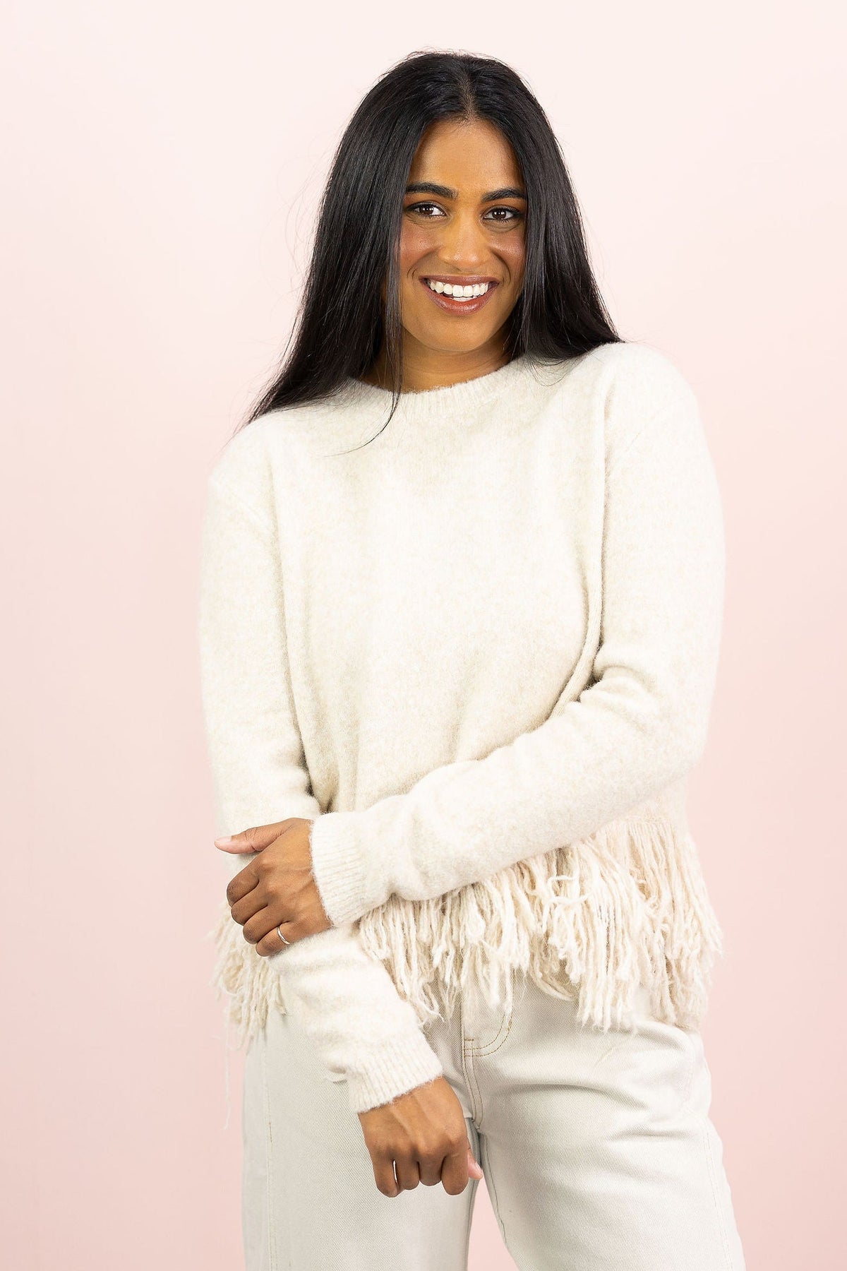 Fringe Sweater Top Taupe
