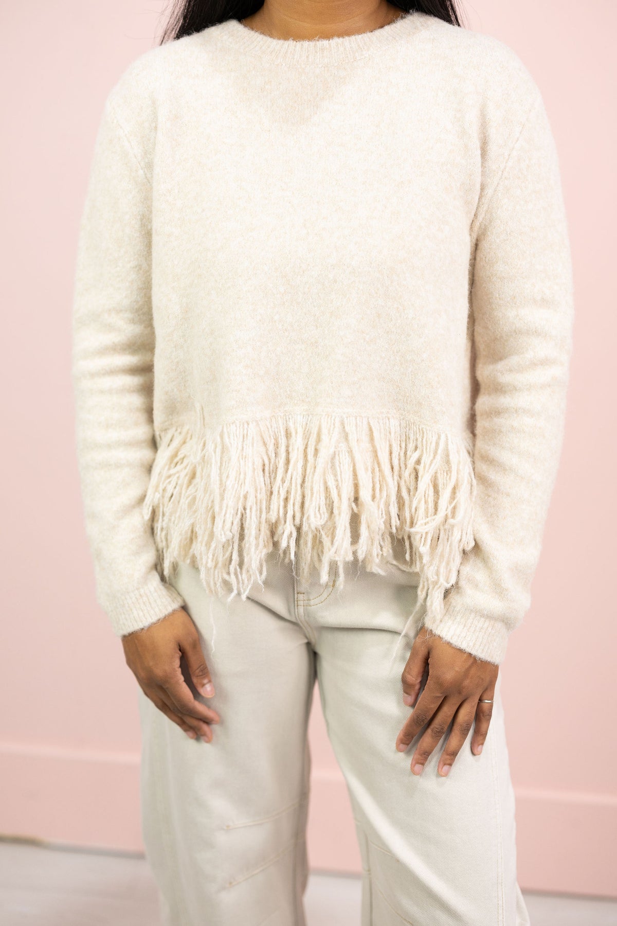 Fringe Sweater Top Taupe