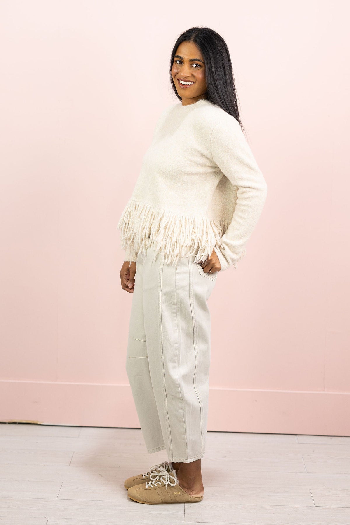 Fringe Sweater Top Taupe