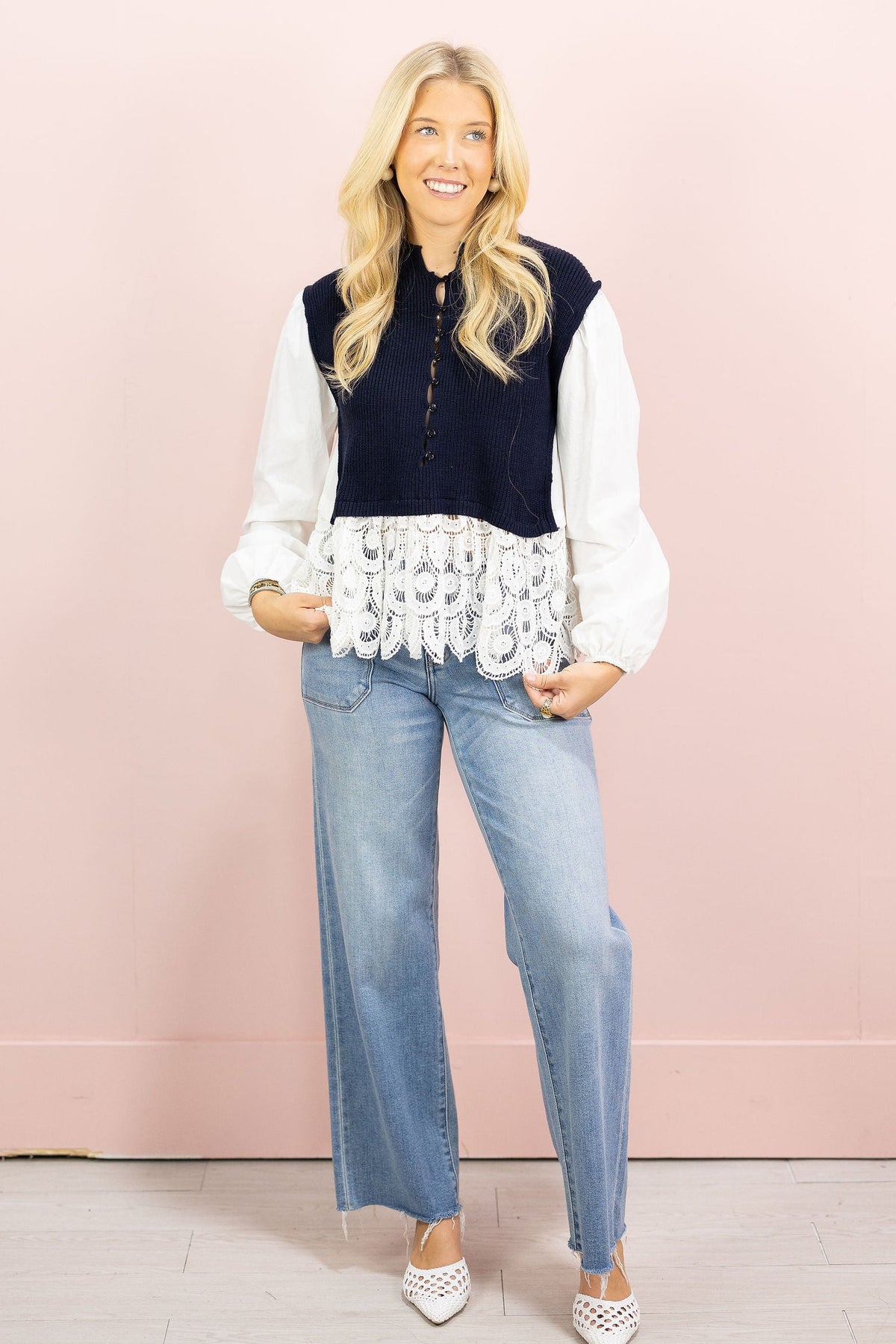 Navy Sweater Mix Top