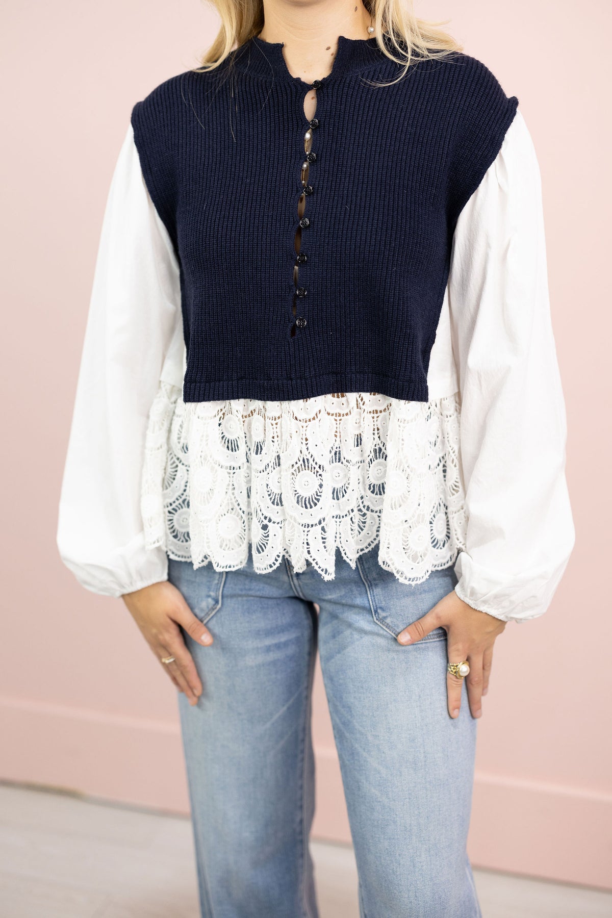 Navy Sweater Mix Top