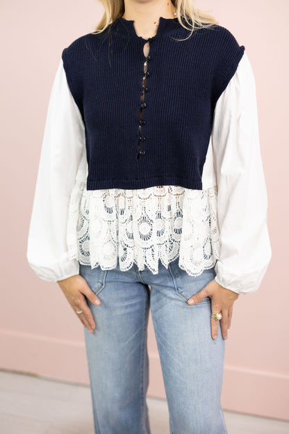Navy Sweater Mix Top