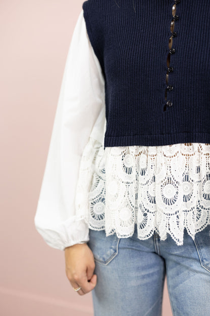 Navy Sweater Mix Top