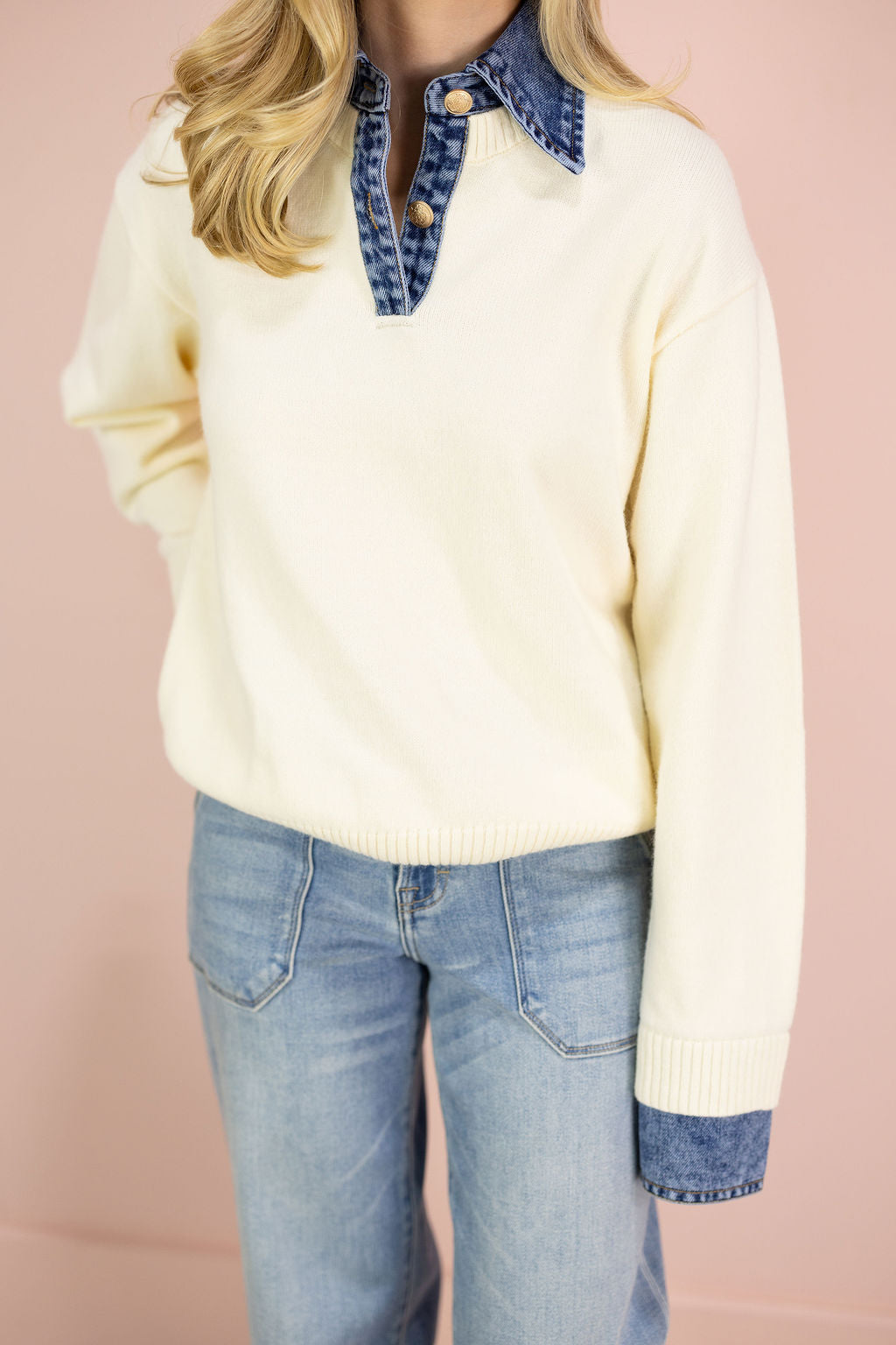Denim Contrast Sweater Ivory