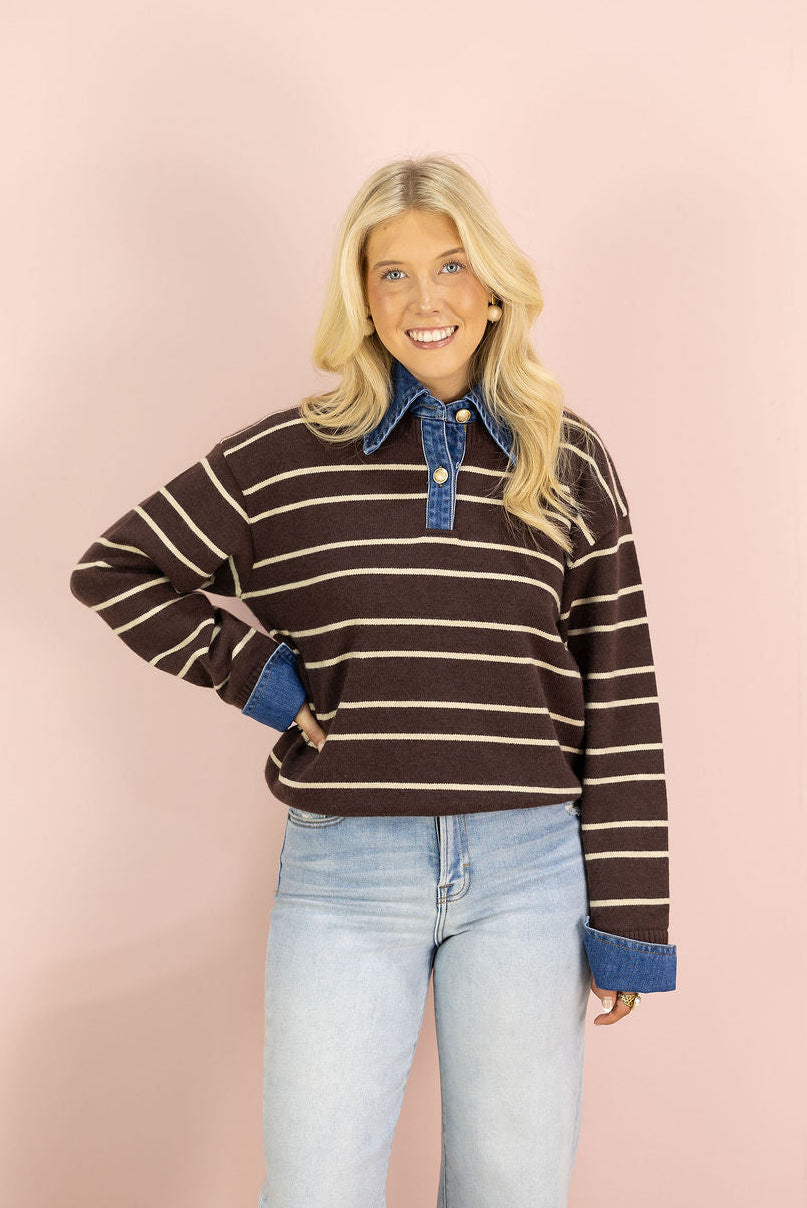 Brown Stripe Sweater w/ Denim Contrast