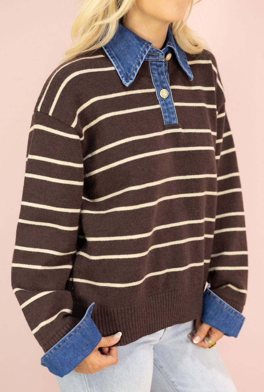 Brown Stripe Sweater w/ Denim Contrast