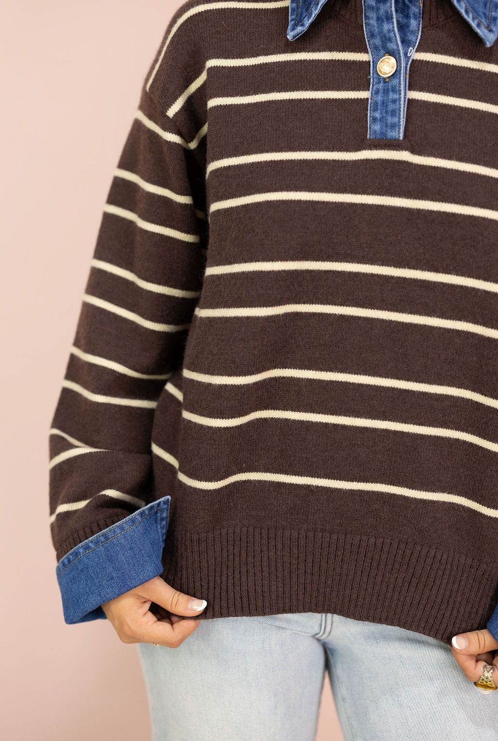 Brown Stripe Sweater w/ Denim Contrast